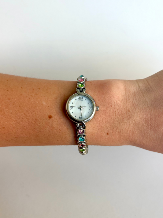 Rare Vintage Silver Dainty Colorful Diamonds Womens Watch