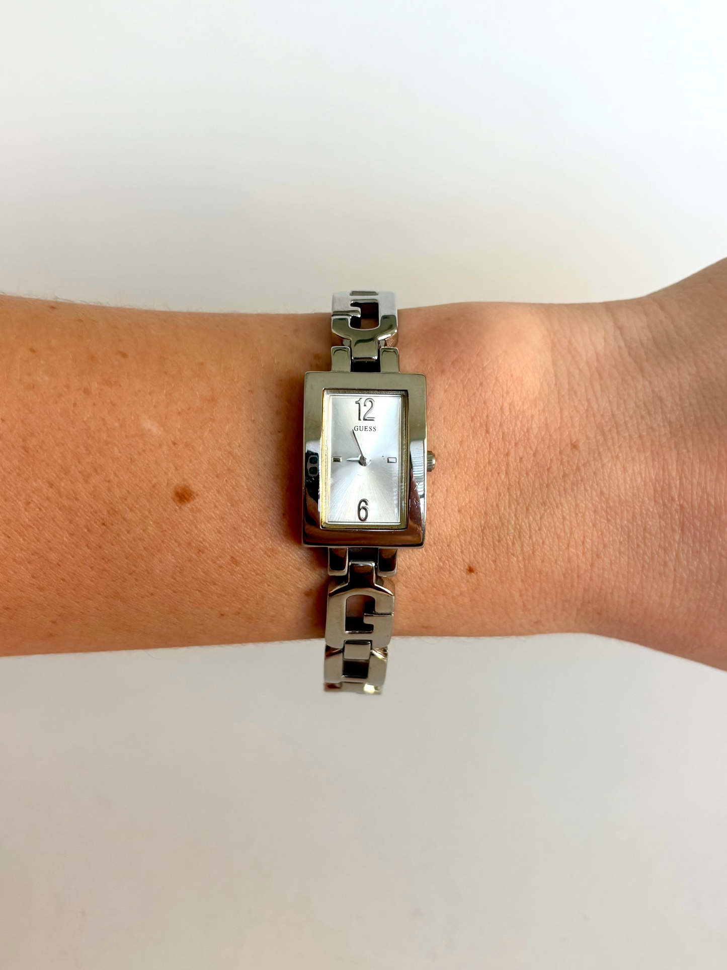 Rare Vintage Guess Silver Rectangle Face Womens Watch