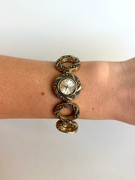 Rare Vintage Unique Gold/Black Circular Dial & Detail Womens Watch