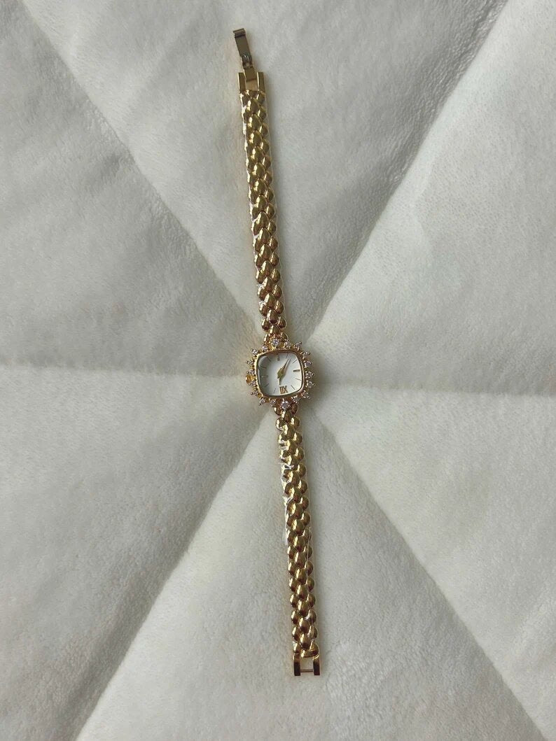 Vintage Dainty Brass Square Gold Womens Watch Small Face